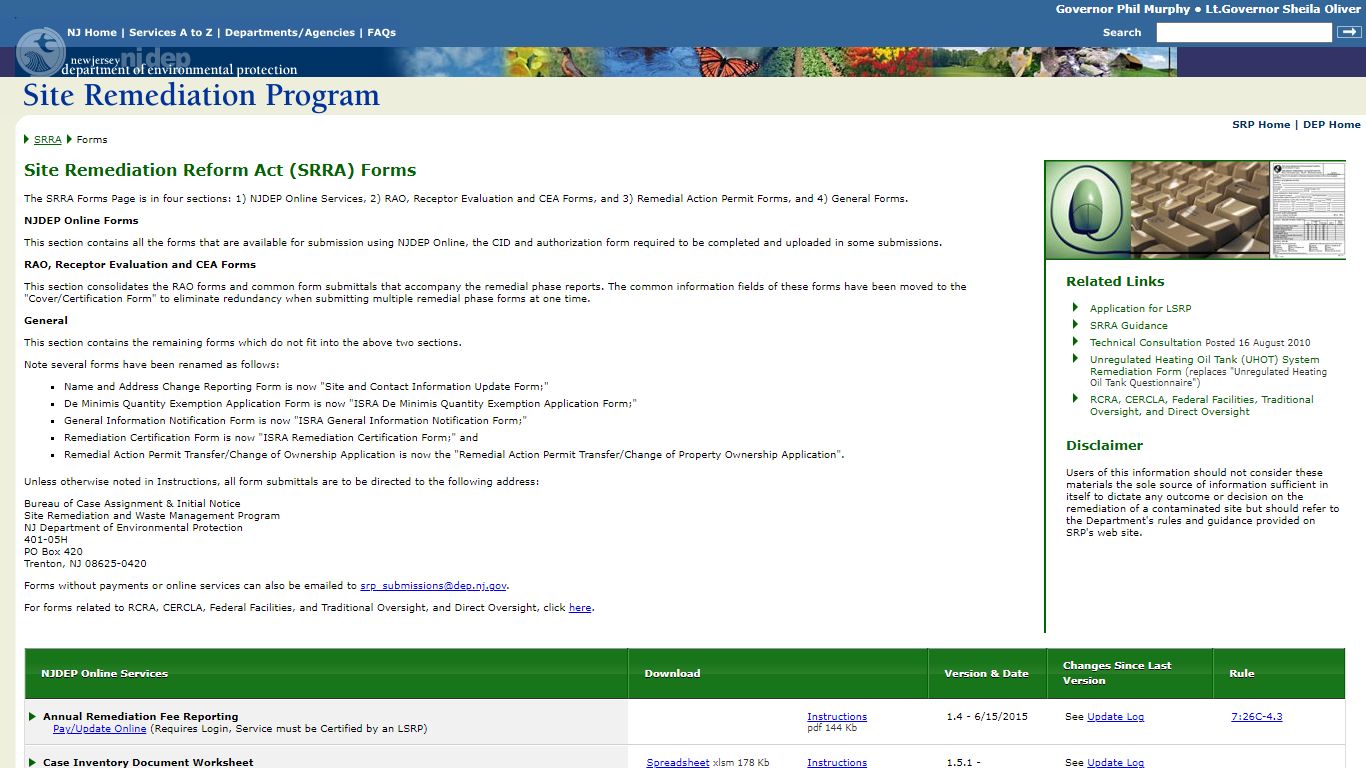 NJDEP SRP - Site Remediation Reform Act (SRRA): Forms